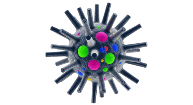 Isolated Virus Model with Surface Proteins, Spikes, and Genetic Material; a Colorful and Scientific Illustration
