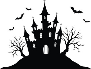 Scary haunted castle silhouette with bats and dead trees on hilltop, perfect for Halloween design, vector art, spooky themes.
