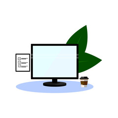 Flat Illustration of Computer Monitor with Checklist and Coffee Cup