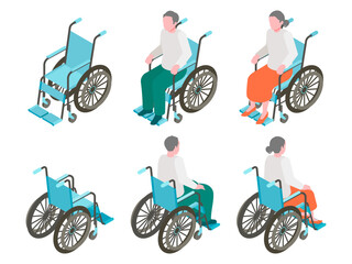 Isometric illustration of elderly men and women in wheelchairs, viewed from various angles