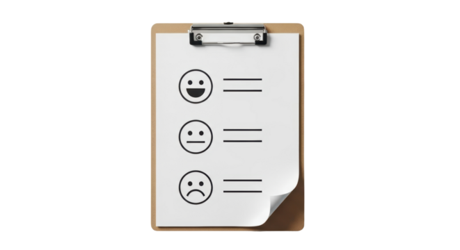Isolated clip board with smiley face survey, mood scale on paper, evaluation form design