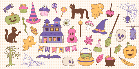 Set of Halloween cliparts. Halloween collection of elements. Vector flat objects in retro style.