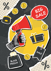 Black Friday sale collage poster. Black Friday stickers collage. Black Friday shopping. Vector flat template.