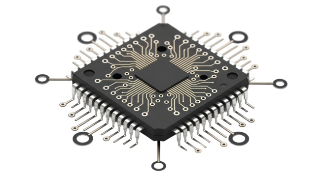 Isolated processor chip with pins and connection lines, technology component for electronics
