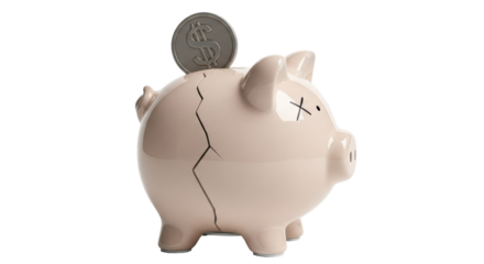 Isolated cracked piggy bank with coin symbolizing financial ruin or economic hardship concept