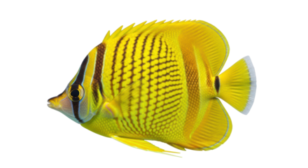 Isolated Masked Butterflyfish with Bright Yellow Scales and Black Stripes in a Side View