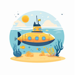 Colorful cartoon yellow submarine exploring the vibrant underwater world