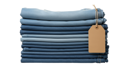 Isolated stack of blue jeans with a brown tag, fashion concept. Casual apparel close up
