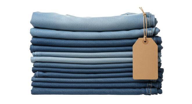 Isolated stack of blue jeans with a brown tag, fashion concept. Casual apparel close up