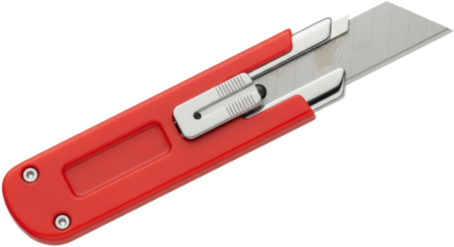 Isolated utility knife with a red handle and silver blade in close-up, stationery item
