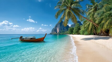 Fototapeta premium Traditional longtail boat moored in railay beach's turquoise waters, krabi, thailand