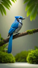 Blue jay perched on branch in lush setting