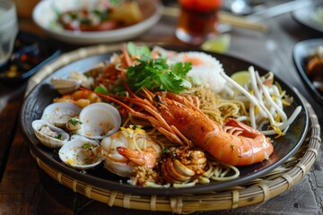 Steaming hot plate of pad see ew noodles showcasing fresh seafood, rice, and vibrant vegetables