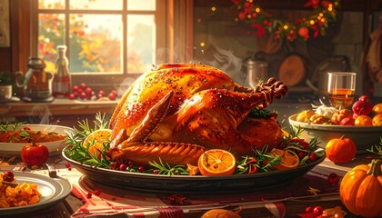 a beautifully roasted turkey as the centerpiece of a festive Thanksgiving spread. Surrounding the turkey are various side dishes, fruits, and decorative elements