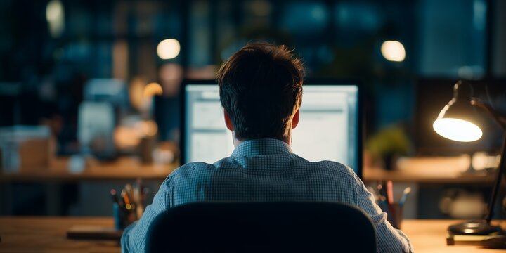 Back view of man in shirt working on computer at desk in office at night. Concept for remote work, deadline and online learning