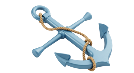Isolated nautical pale blue anchor with brown rope on, realistic 3D illustration render