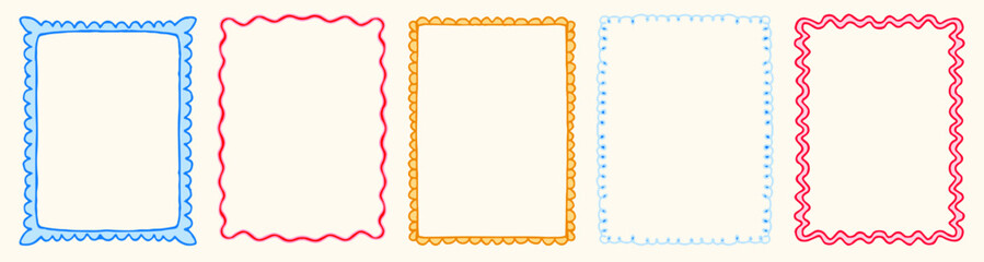 Colorful Doodle Frame Vector Set. Hand Drawn Wavy and Scalloped Borders for Scrapbook, Cards, and Digital Design