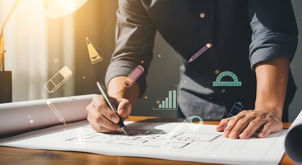 A skilled architect at a desk, carefully drafting a building blueprint, with digital icons of design tools floating above the plan, symbolizing modern innovation in construction and engineering