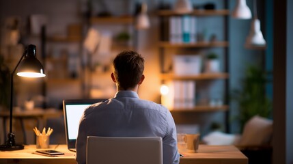 Back view of man working on laptop in cozy home office with warm light from desk lamp, concept for remote work, online education and home improvement