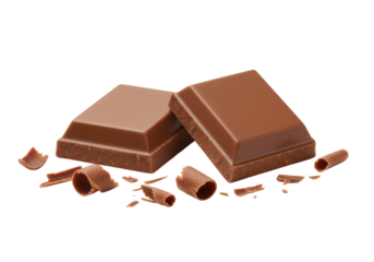 Two exquisitely crafted, rich milk chocolate squares with glossy surfaces, one elevated, with scattered shavings on a transparent studio background, macro close-up, soft light. Luxurious indulgence