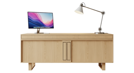 Isolated modern minimalist computer desk with lamp, functional and stylish furniture