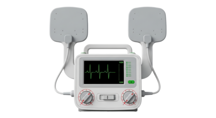 Isolated cardiac defibrillator showing heart rhythm on screen, medical life saving device