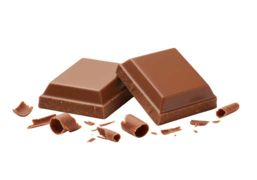Two exquisitely crafted, rich milk chocolate squares with glossy surfaces, one elevated, with scattered shavings on a transparent studio background, macro close-up, soft light. Luxurious indulgence