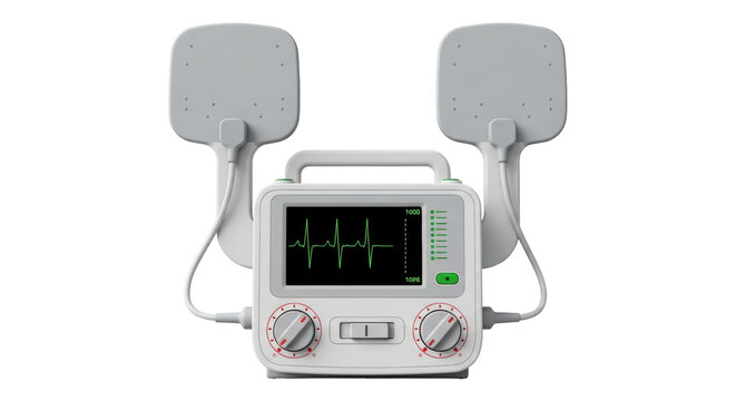 Isolated cardiac defibrillator showing heart rhythm on screen, medical life saving device - Powered by Adobe