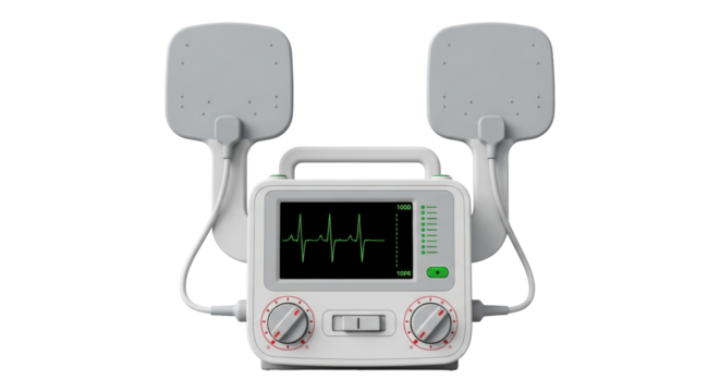 Isolated cardiac defibrillator showing heart rhythm on screen, medical life saving device
