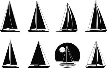 Sailboat vector set, nautical silhouettes, black and white sailing icons, maritime vessel illustrations, yacht designs, ocean transport graphics, sea adventure elements