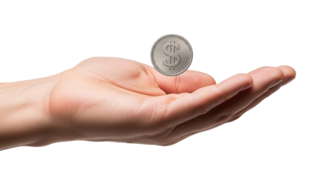 Isolated hand holding a coin in the air, offering investment or fortune in palm of hand