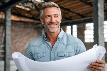 Smiling architect holding blueprints in unfinished building, project success and expertise