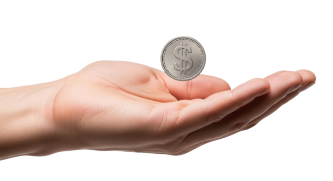 Isolated hand holding a coin in the air, offering investment or fortune in palm of hand