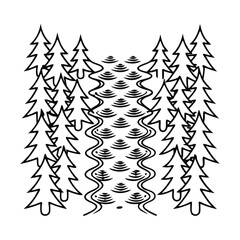 Obraz premium Artistic vector illustration of a winding stream through a pine forest nature scene