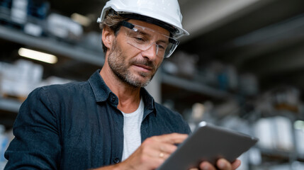 A warehouse worker wearing a hard hat uses a tablet for monitoring processes, representing the modern approach to logistics and the importance of safety and productivity.