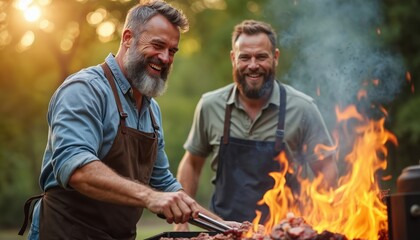 Two joyful men grill meat outdoors, sharing laughter around dancing flames, embodying summer barbecue fun and camaraderie. Friends bond over food, cooking, and tradition in a casual, happy gathering.