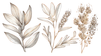 Collection Of Elegant Delicate Gold Tone Leaves On Black Background