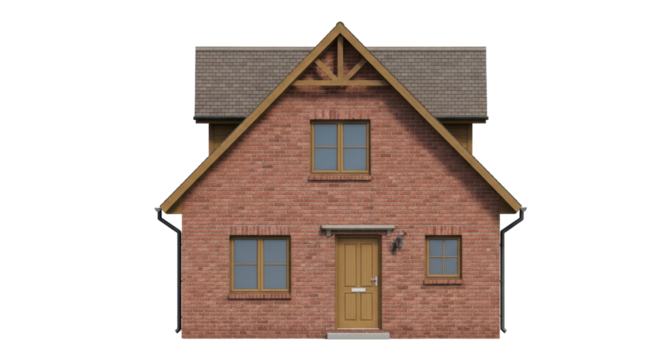 Isolated exterior of a brick house with roof, windows, and front door on a plain background