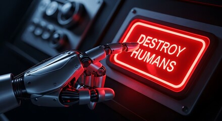 Robotic hand poised to press glowing red button labeled 'DESTROY HUMANS' in dark futuristic control panel