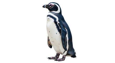 Isolated Magellanic penguin standing upright, side view, with detailed plumage and markings