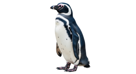 Isolated Magellanic penguin standing upright, side view, with detailed plumage and markings