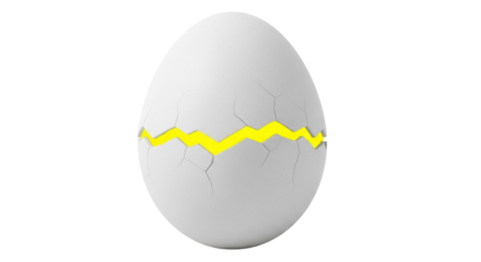 Isolated cracked egg with bright yellow filling, symbol of birth, rebirth and new beginning