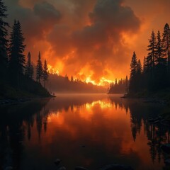 Fototapeta premium Fiery forest fire reflects on still lake at night. Burning trees create inferno blaze illuminating dark sky with orange clouds. Smoke rises over conifer, creating scene of destruction and danger.