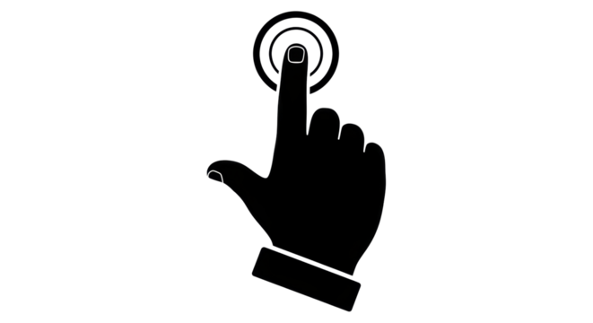 Isolated silhouette of a hand with pointing finger touching a button or screen with circles