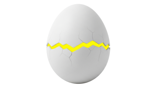 Isolated cracked egg with bright yellow filling, symbol of birth, rebirth and new beginning