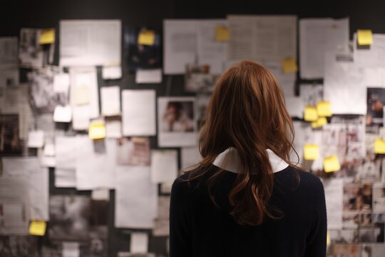 Rear view of woman analyzing clues, photos and notes on a investigation board. Concept for crime solving, mystery solving and detective work