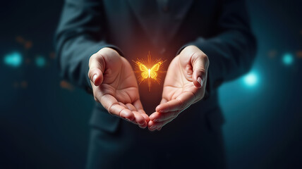 Business hands in suit carefully holding glowing holographic golden-yellow butterfly in dark space
