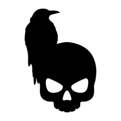 Símbolo pirata. Logo con cuervo negro en calavera humana para felicitaciones y tarjetas de Halloween
