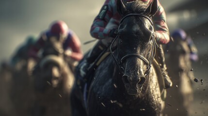 A powerful black horse leads a pack during a dynamic race, showcasing grit and determination. Concept for sports editorials, equestrian events and competitive action illustration