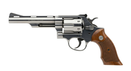 Isolated gun in profile, silver revolver with walnut grip, handgun for personal protection